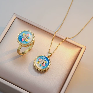 项链女网红旋转六芒星锆石花朵小众新款设计吊坠气质套装钛钢项链