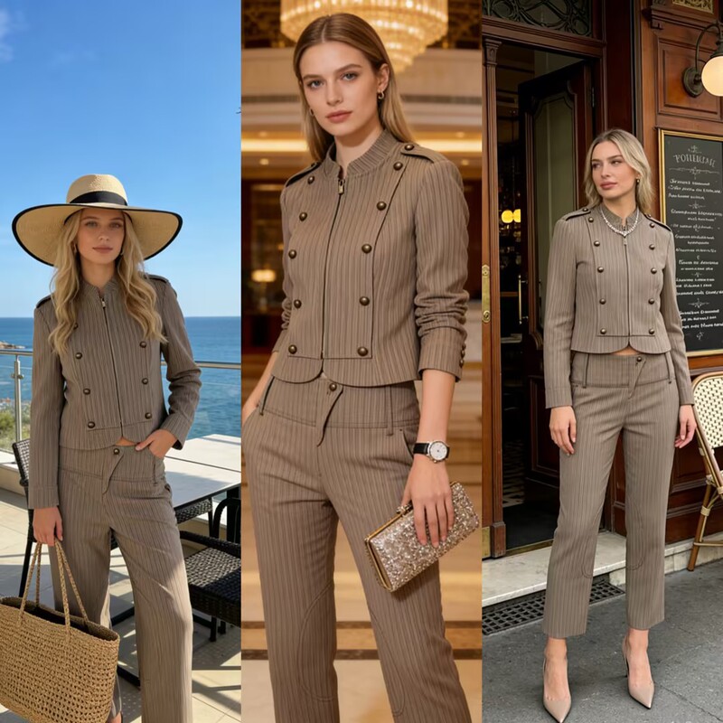 European and American Women's Clothing 2026 New Cross-Border Foreign Trade Style Stand Collar Button-Decorated Striped Slim-Fit Suit + Capri Pants Set