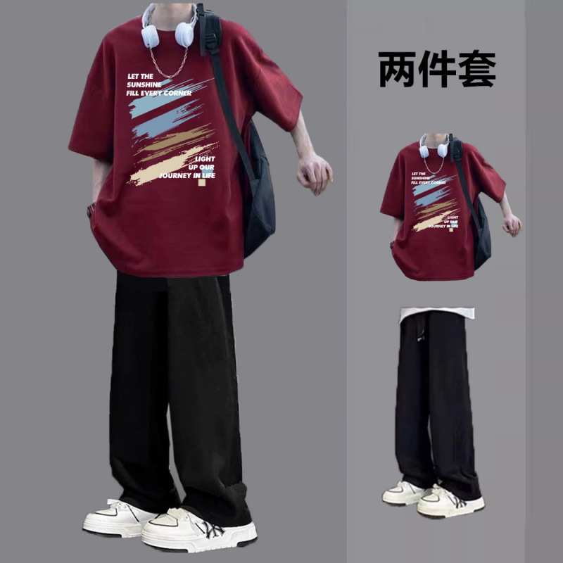 Summer short-sleeved T-shirt suit teenagers men's handsome students fashion suit casual ruffian handsome 2025 new