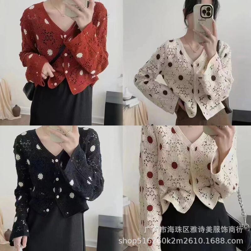 Autumn Unique Age-reducing High-end Style Small Chanel Style Knitted Sweater Women's V-neck Slimming All-match Loose Hollow-out Long-sleeved Top Autumn Unique Age-reducing High-end Style Small Chanel Style Knitted Sweater Women's V-neck Slimming All-match Loose Hollow-out Long-sleeved Top