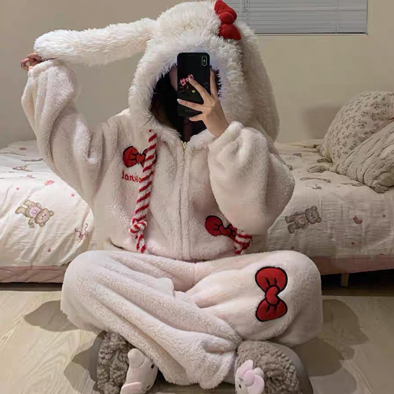 かわいいウサギのワンピースコーラルベルベットパジャマ女性のための冬のベルベット肥厚リボンホーム服豪華なパジャマ冬スタイル|undefined