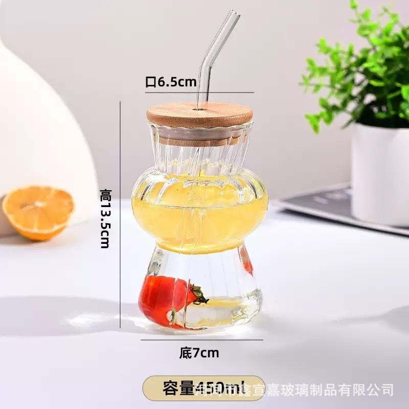 Linterna taza de paja de bambú cubierta de madera alta taza de vidrio de borosilicato taza de bebida de jugo taza de leche taza de rayas rojas de aire image 3