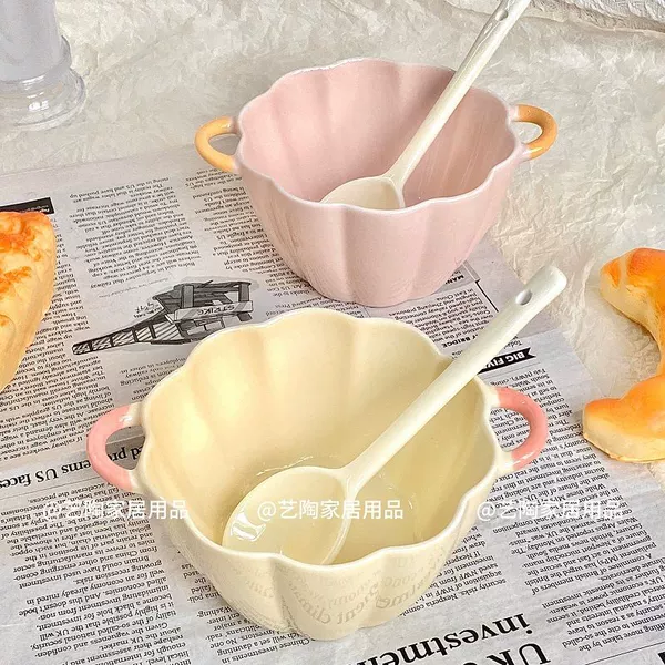 [Custard Body + Pink Ears] High Temperature Resistant Ceramic Bowl