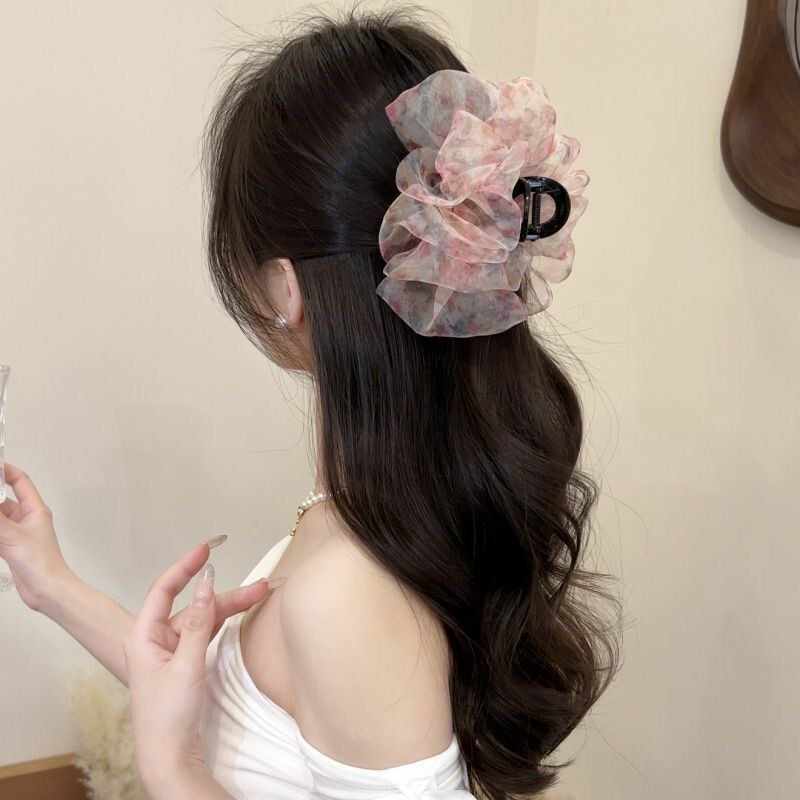 雰囲気のある花柄のヘアクリップ、新しいオーガンジーの特別な色、優しいレトロな気質の後頭部のヘアクリップ|undefined