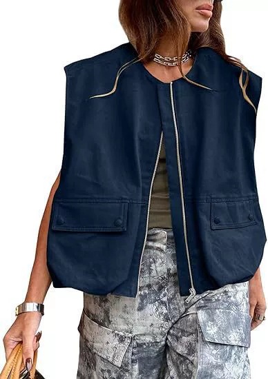 Amazon transfronterizo 2025 Europa y los Estados Unidos nueva moda sin mangas bolsillo versión suelta chaleco de cremallera de color sólido chaqueta de mujer image 12