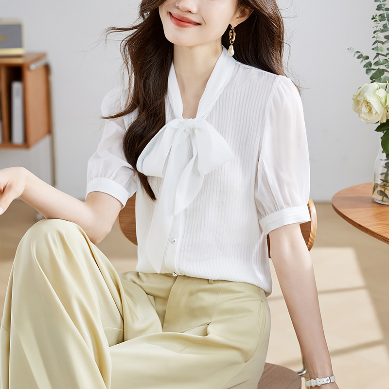 2024夏季时尚短袖衬衫女白色淑女修身中袖飘带蝴蝶结领OL洋气衬衣