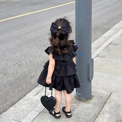 Girls' Vest Dress, Black Princess Style 2024 Summer New Arrival – Chic Kids' Ruffled One-Piece Dress with Tiered Layers