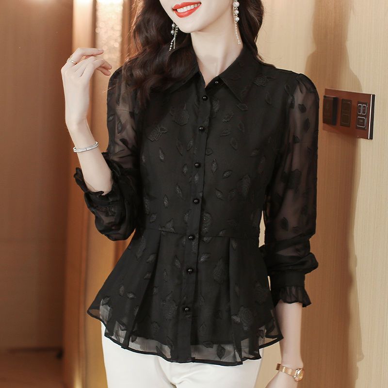 Fashionable Jacquard Long-Sleeved Chiffon Shirt for Women, New Autumn Style, Waist-Cinching, Elegant Blouse with a Stylish Skirt Hem Fashionable Jacquard Long-Sleeved Chiffon Shirt for Women, New Autumn Style, Waist-Cinching, Elegant Blouse with a Stylish Skirt Hem