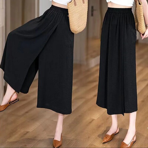 Summer thin and loose high-waisted split lazy style casual wide-leg pants for thick thighs and thigh slimming women's 8-length wide-leg pants