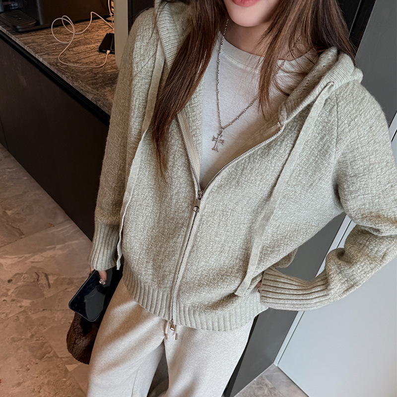 严选韩系宽松百搭针织开衫女秋冬设计感连帽加厚慵懒感上衣外套