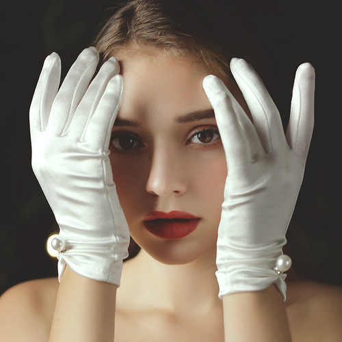 WG014 Satin Pearl Wedding Gloves Korean Elegant Retro Bridal Wedding Dress White Short Gloves