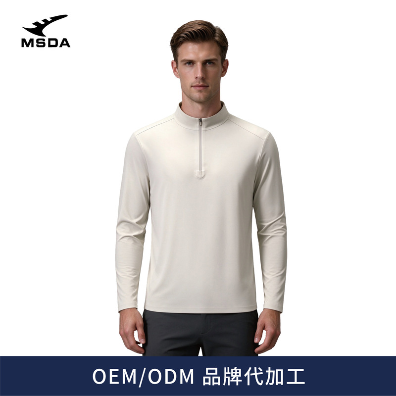 Meishidada 2026 Autumn/Winter Outdoor Sports Stand Collar POLO Half-Zip Long Sleeve T-Shirt for Men, Quick-Dry Breathable Top