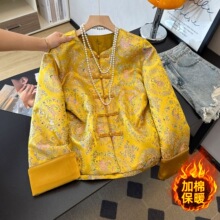 新款新中式古风圆领加棉重工刺绣提花织锦复古长袖拼接棉袄外套厚