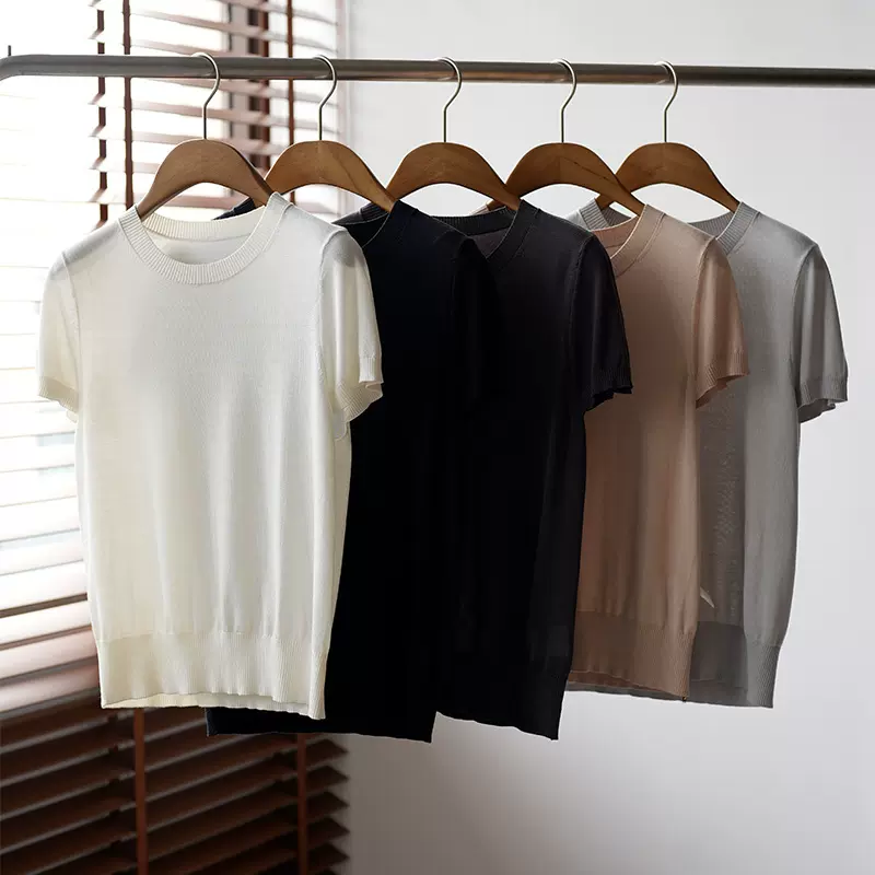 16针春夏真丝100%桑蚕丝针织内搭短袖T恤圆领打底毛衣女气质女装