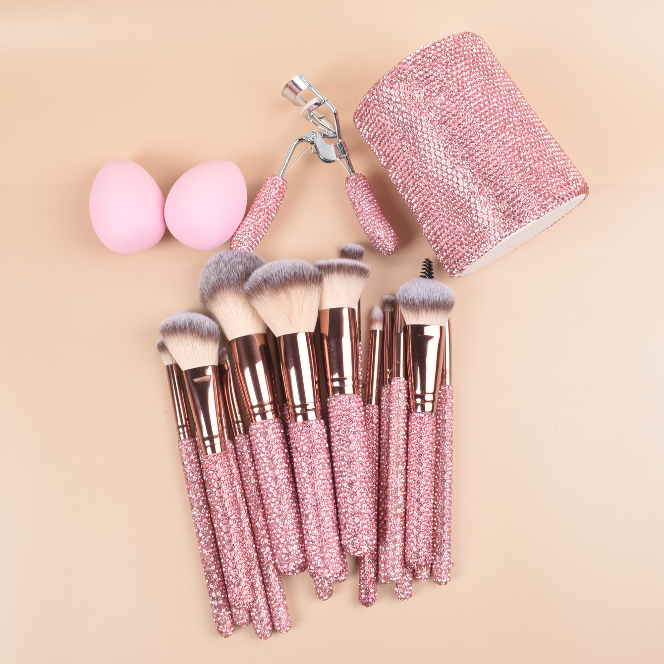 Explosiones transfronterizas 18 cepillo de maquillaje de diamantes, clip de pellizco de cabello, barril de diamantes, accesorios de huevos de maquillaje de 23 piezas