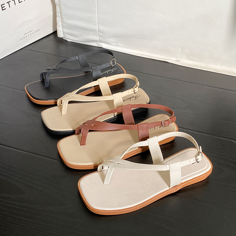 2025 New Style For Women Summer Outdoor Wear Internet Celebrity Ins Flat Roman Sandals One-Strap Toe-Loop Women's Shoes_vogvips.com