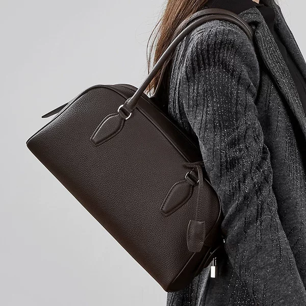 2026 New Model Row India Bowling Bag Boston Bag Simple First-Layer Cowhide Long Handle Shoulder Underarm Bag
