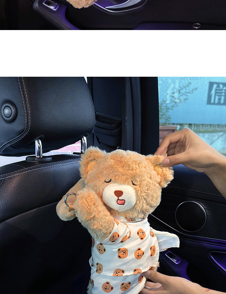 Car-mounted tissue box, cute bear design, high aesthetic value, practical in-car tissue holder, creative car tissue hanging bag for women