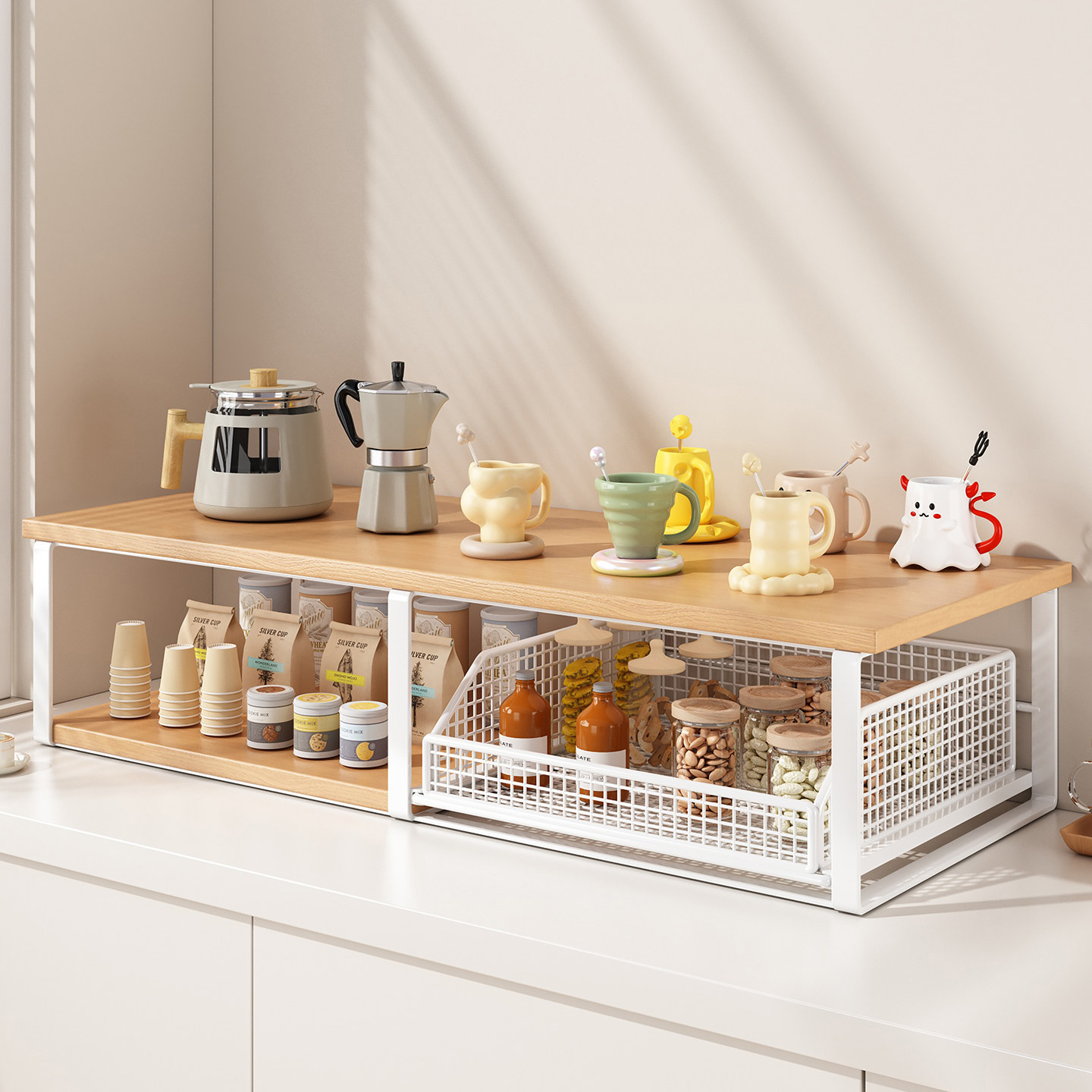 Desktop Storage Rack, Dining Table Countertop Coffee Machine Stand, Cup Holder, Tea Bag and Snack Storage Box, Kitchen Pull-Out Basket Organizer