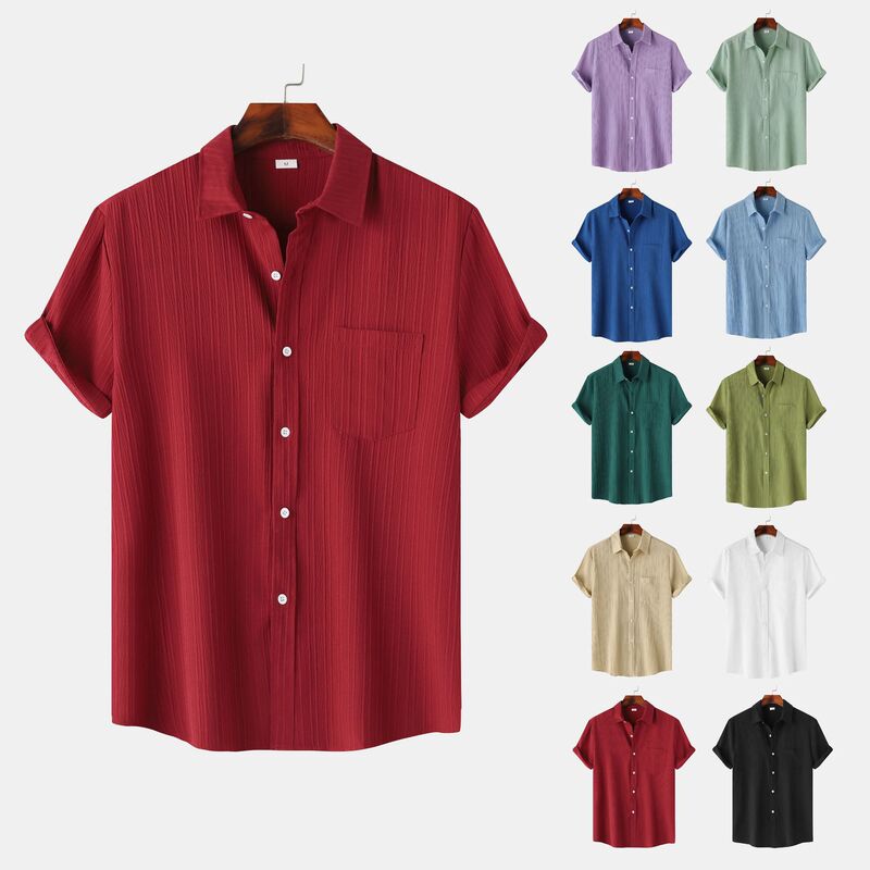 Cross-border supply men's European and American short-sleeved shirt 2025 summer new men's solid color lapel short-sleeved shirt men