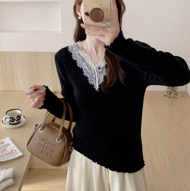 Wool Loose Soft Collar Fully Comfortable Korean Fashion High-Quality New Lace Trim Outerwear Sweater