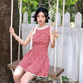 法式红色格子连衣裙女夏季新款时尚设计感绑带收腰无袖短款a字裙
