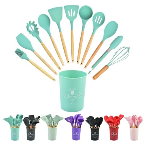 Wholesale Colorful Silicone Handle Twelve-Piece Silicone Kitchen Spatula Set, Food-Grade High-Temperature Resistant Cookware Set