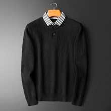 欧洲站秋冬季新款假两件毛衣套头针织衫青年男士衬衫领修身羊毛衫