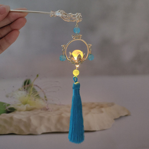 New antique style luminous blue lantern tassel hairpin retro all-match walking hairpin Hanfu cheongsam accessories headdress