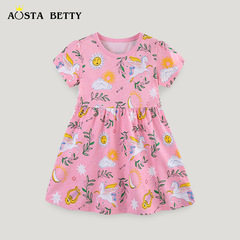 夏季新款女童連衣裙歐美風格卡通獨角獸印花公主裙中小童短袖童裙