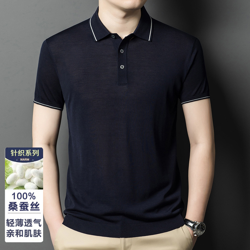 High-End Silk 100% Mulberry Silk Knitted Polo Shirt Men's Short-Sleeved Lapel T-Shirt Summer Half-Sleeved Thin Sweater High-End Silk 100% Mulberry Silk Knitted Polo Shirt Men's Short-Sleeved Lapel T-Shirt Summer Half-Sleeved Thin Sweater