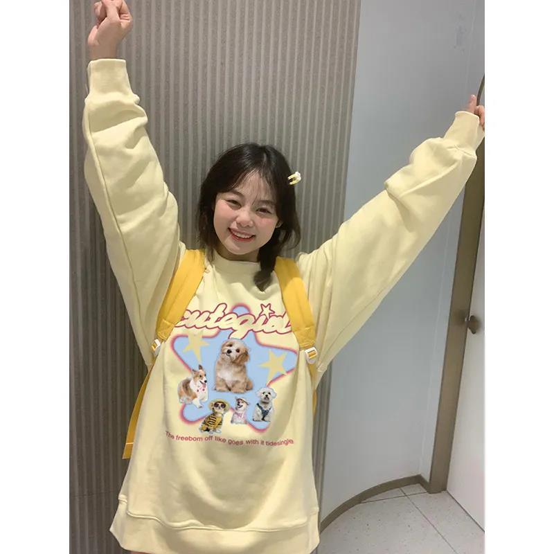 American retro yellow round neck sweater women's loose spring and autumn niche design lazy style student top coat