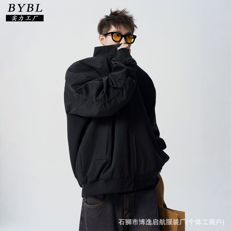 美式复古教练夹克立领冲锋衣男秋冬纯色休闲宽松拉链工装飞行外套|undefined