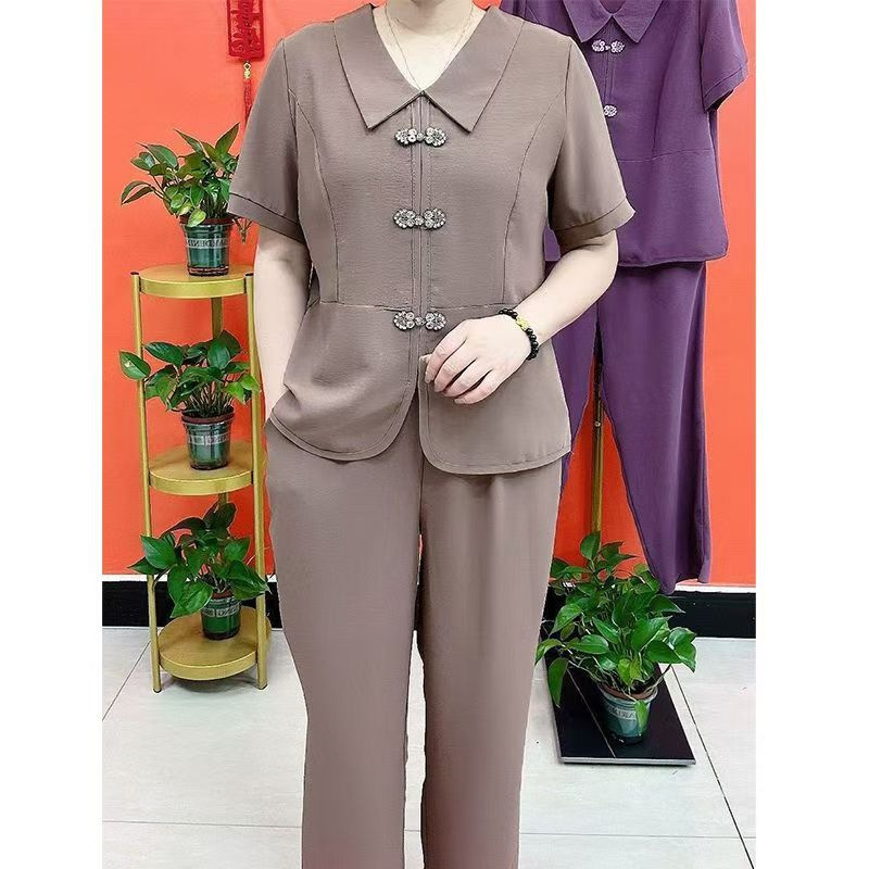 Summer New Casual Suit for Women, Buckle Square Collar, Spliced ​​Top, Elastic Waist, Wide-Leg Pants, Elegant and Comfortable Two-Piece Set