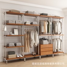 开放式衣柜铁艺loft金属衣帽间置物架步入式衣架落地卧室衣橱实木