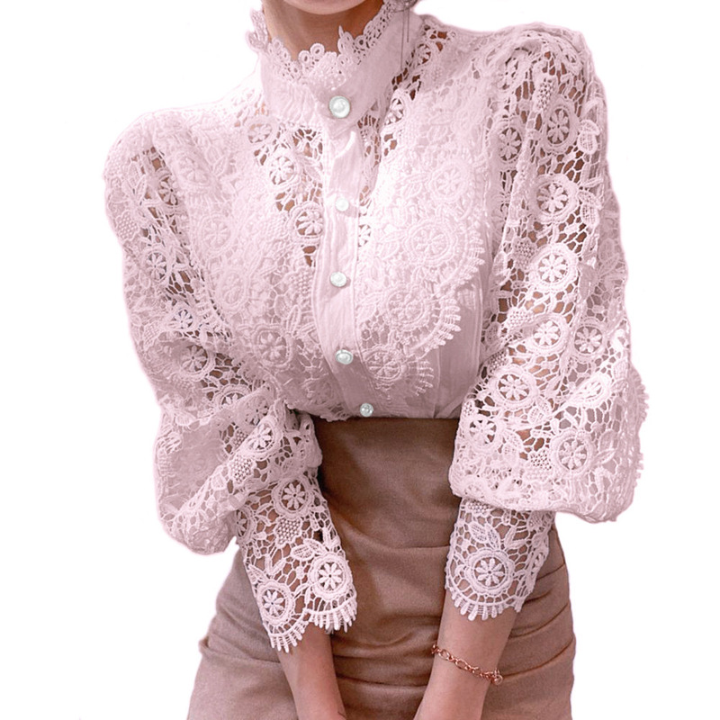 2025 Spring/Summer New Korean Style Women's Clothing Elegant Solid Color Lace Stand Collar Hollow Lace Shirt Pearl Button Top for Women