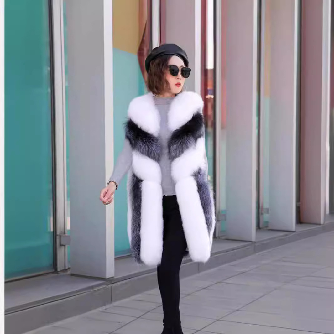 Damenbekleidung hohe Fuchspelzweste Damen mittellange Wintermode warme Pelzweste_voghion.com