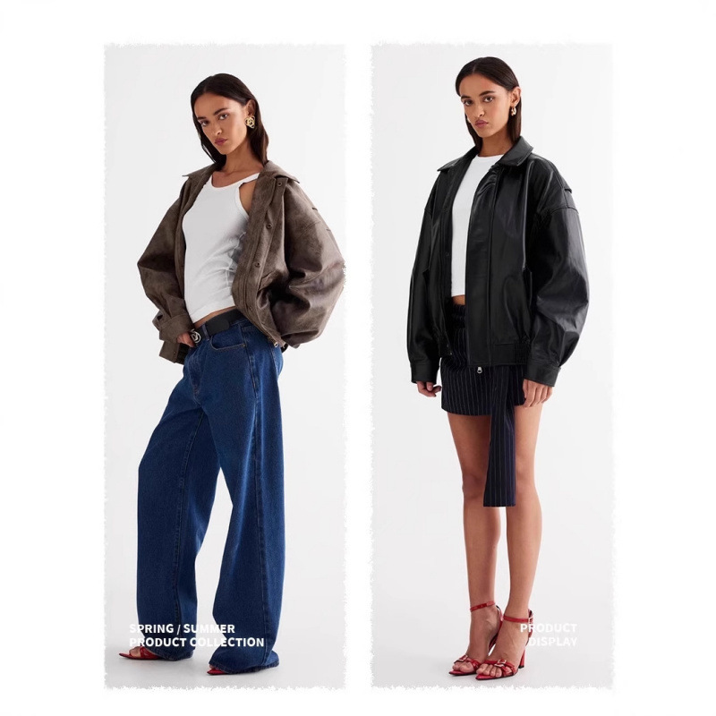 Lioness Leather Jacket Suede American Retro Brown Loose Silhouette Bomber Jacket Top for Women