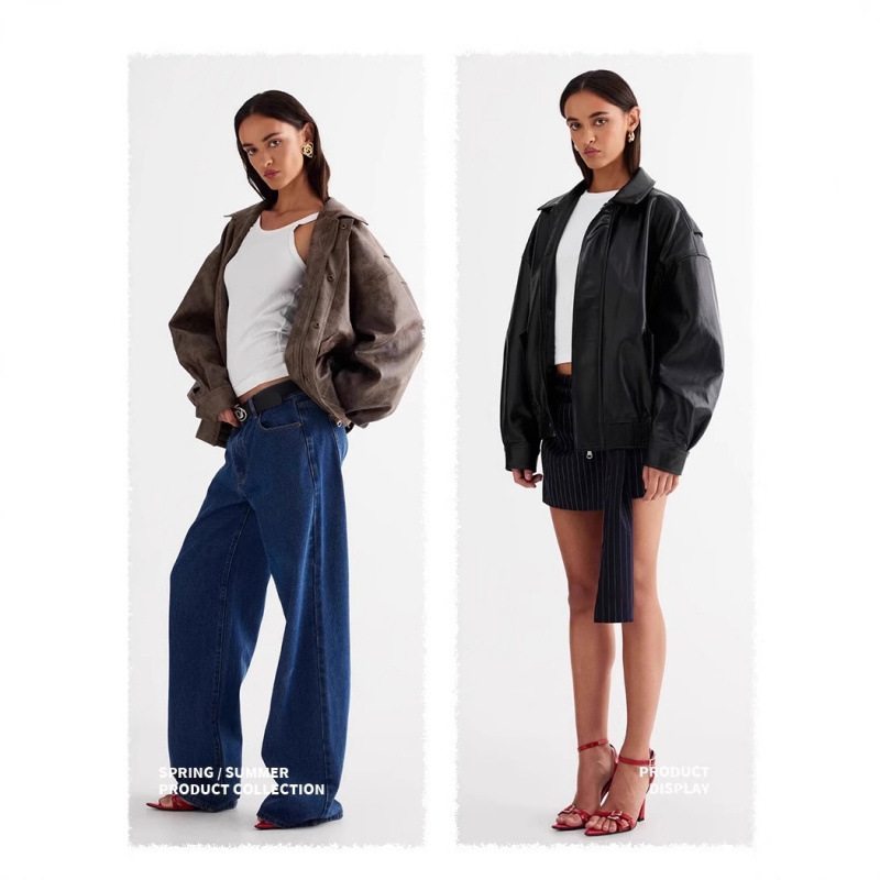 Lioness Leather Jacket Suede American Retro Brown Loose Silhouette Bomber Jacket Top for Women