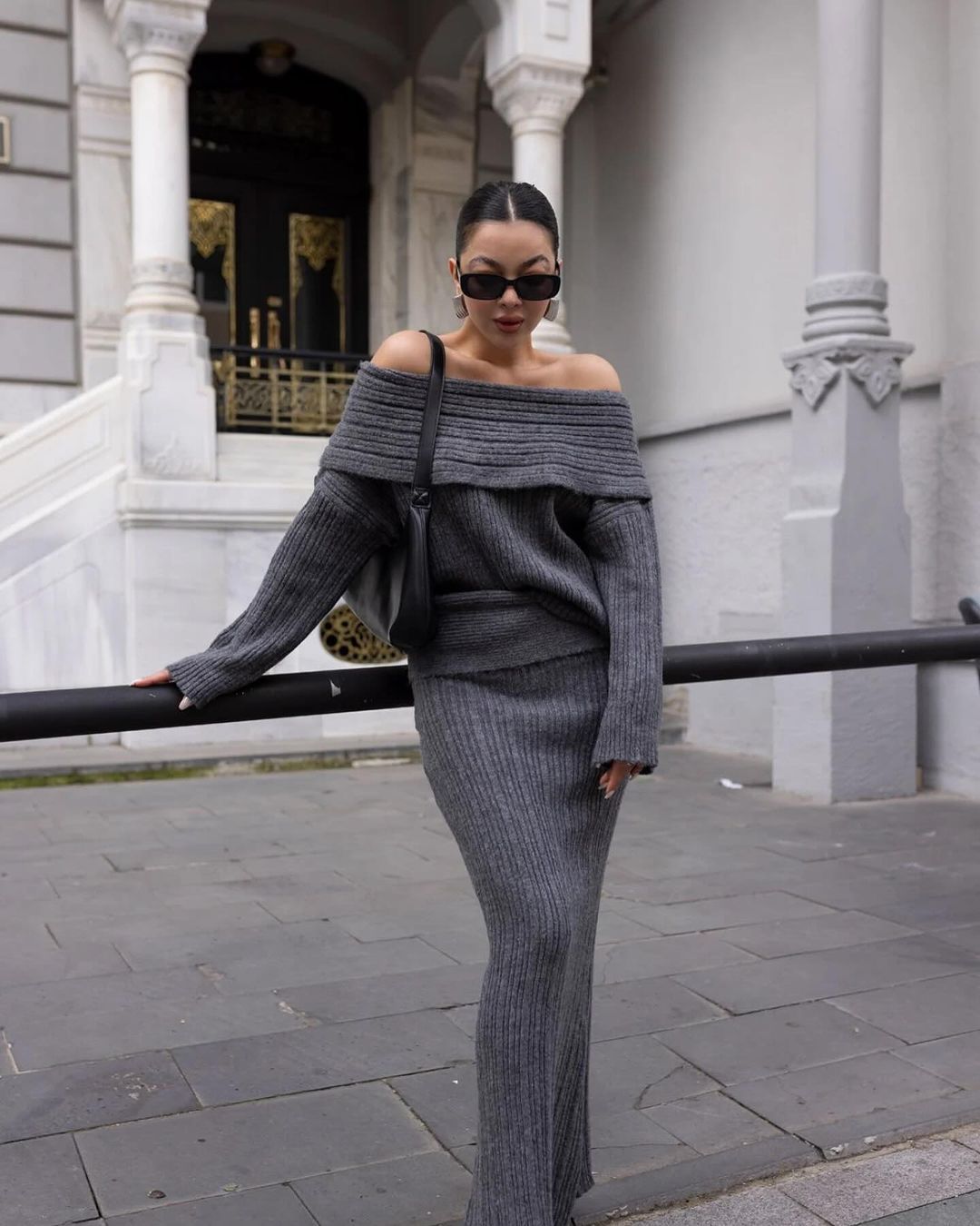 ​Damenmode, schulterfreier Strickpullover, zweiteiliges Set, langärmelig, lockere Passform, einfarbig, lässiges Outfit​_voghion.com