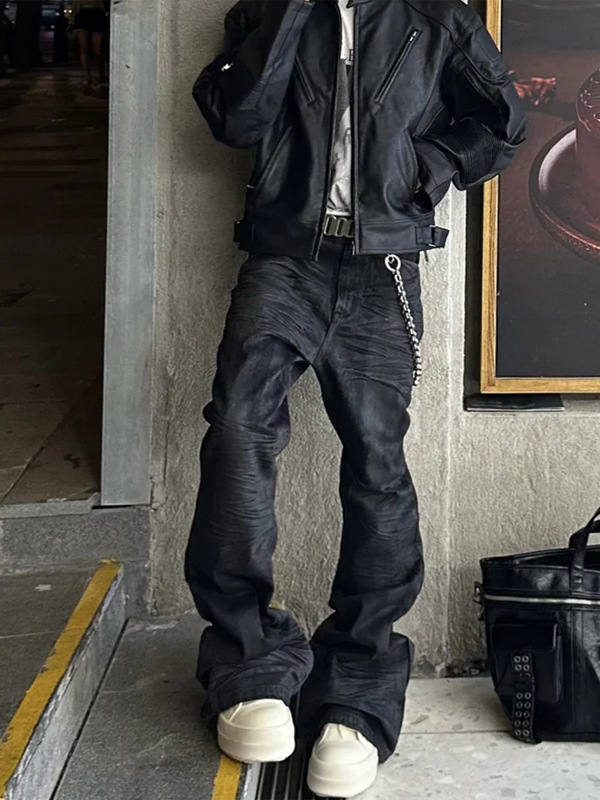 American High Street Black Rubber Coated Flared Jeans for Men, Autumn and Winter Trendy Brand Waxed Stacked Slim Fit Floor-Length Pants