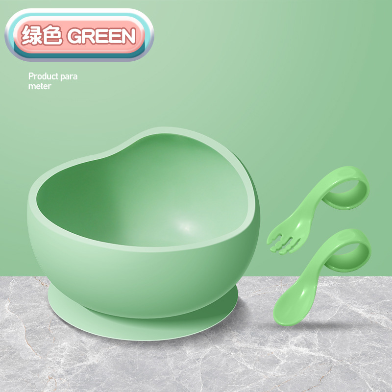 [아보카도 그린] 풀 실리콘 흡착컵 그릇 + 트레이닝 스푼과 포크