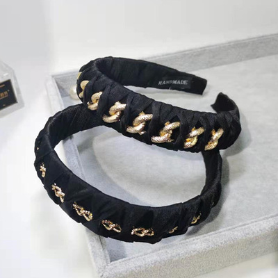 韓版ins發飾合金鏈條發箍編織寬邊打結頭箍複古黑色發卡洗臉發箍