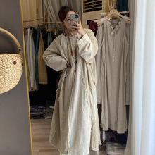 爆款毛边亚麻宽松拼接麻长款连衣裙复古文艺穿搭韩系大版休闲长袍