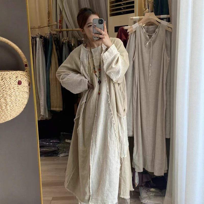 Popular Frayed Linen Loose Patchwork Long Dress, Vintage Artistic Style, Korean Style Oversized Casual Robe