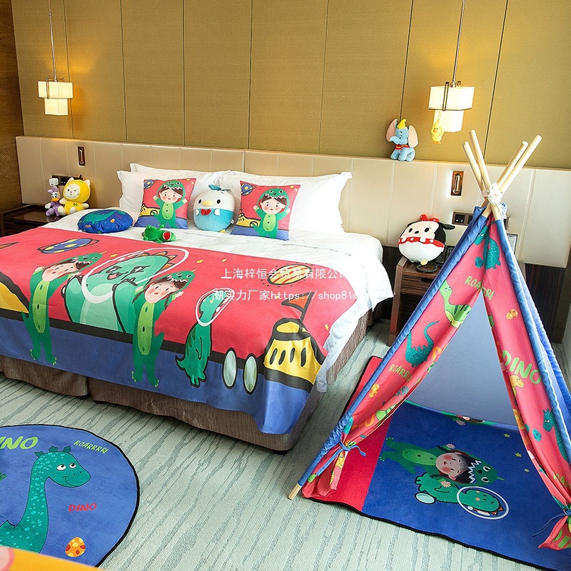 Hotel Cartoon Theme Room Family Room Layout Kidsren's Room Bed Cover Animation Hotel Room Bed Flag Bed End Towel Twill