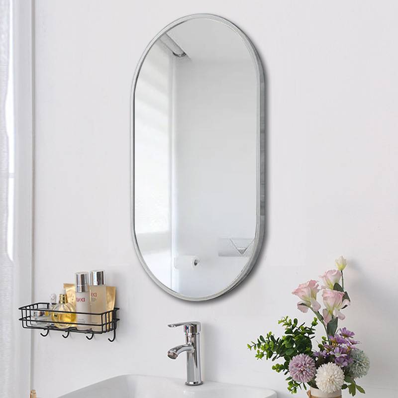 Espejo de Baño de Aleación de Aluminio, Instalación sin Taladro, para Baño, Aseo, Dormitorio, Espejo Ovalado, Venta al por Mayor, Ultra Blanco