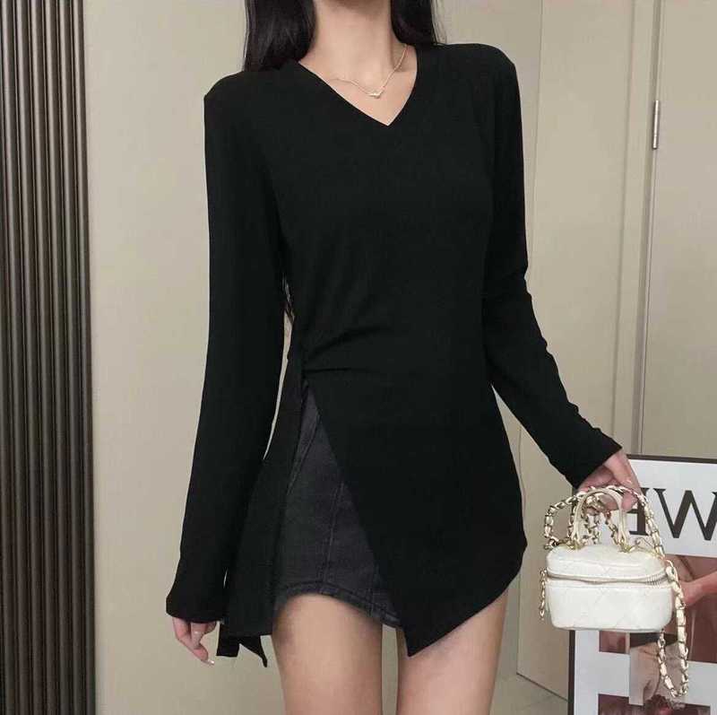 大码女装不规则开叉黑色v领长袖t恤女早秋微胖mm修身显瘦长款上衣|undefined