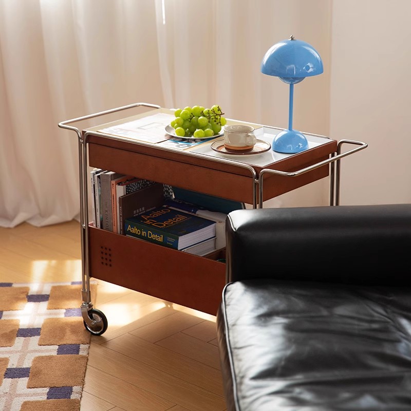 Cochecito de estilo medio, mesa lateral de sofá, retro nórdico, vintage, color de madera de cerezo, comedor, estante para sala de estar, mesa de centro móvil