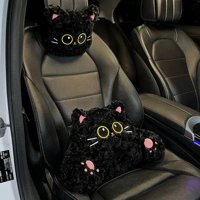 Headrest Cute Cat Car Cushion Winter - black-huggable-cat-headrest-lumbar-support-set-of-2